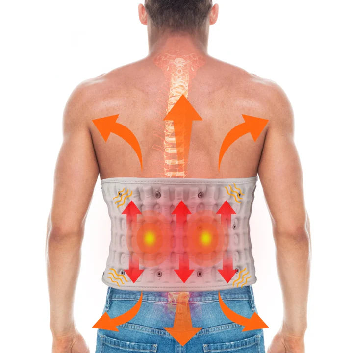 Schéma illustrant la diffusion de la chaleur et l'action de soutien de la ceinture ThermoVentre™ sur la colonne lombaire.