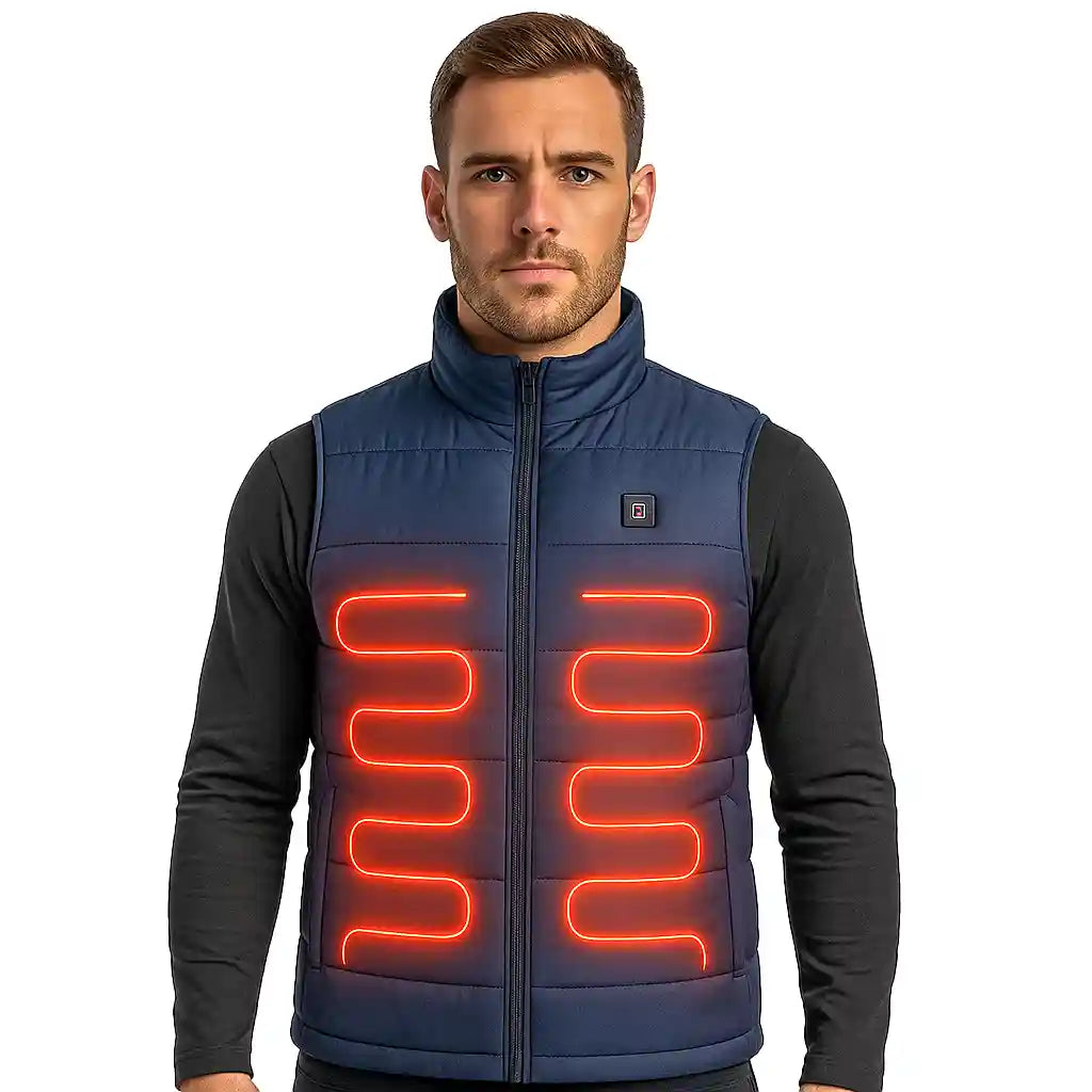 Homme portant le gilet chauffant ThermoShield™ pour homme, idéal pour les activités en extérieur, la moto ou le travail au froid.
