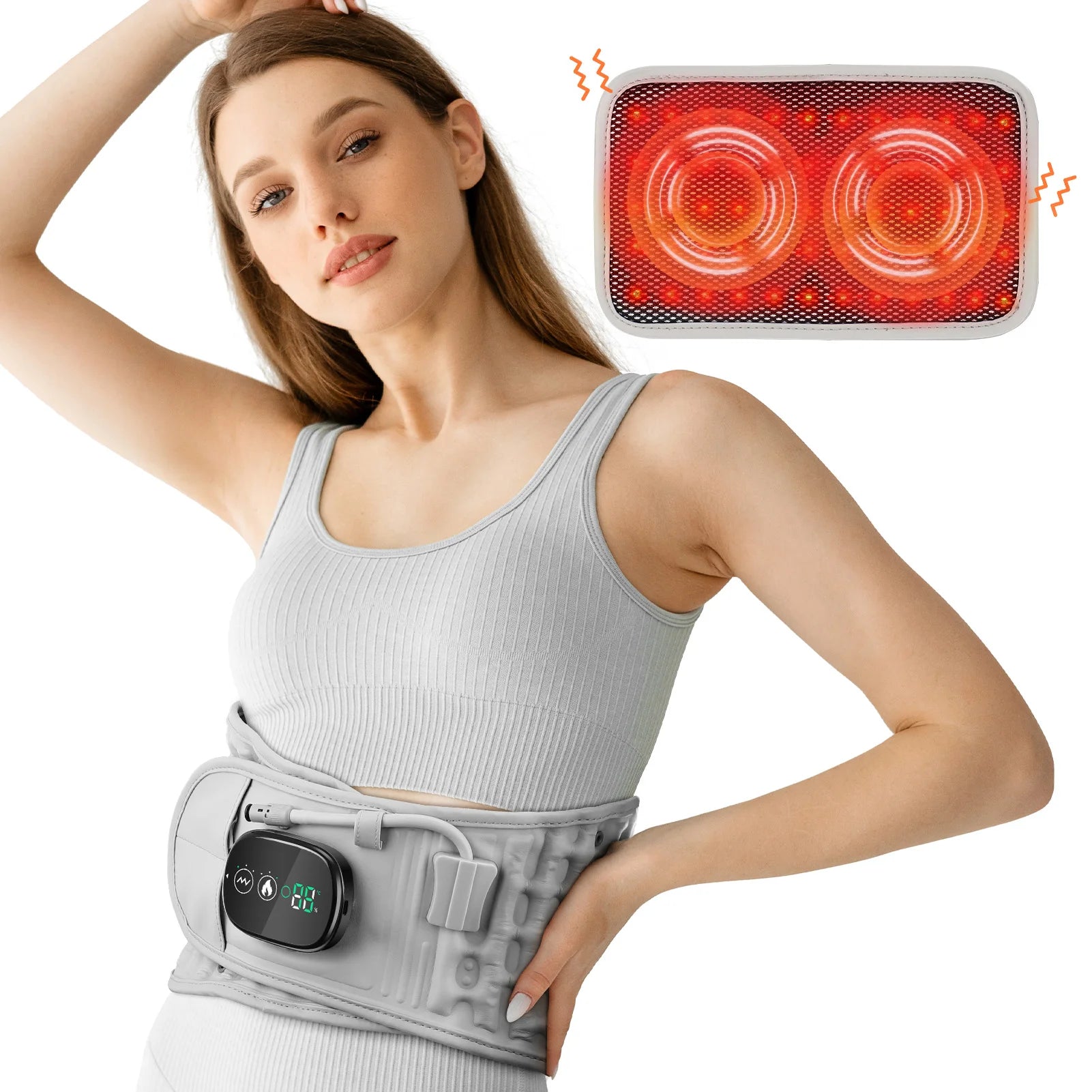 Femme portant la ceinture de bien-être ThermoVentre™ sur sa taille, montrant son design ergonomique.