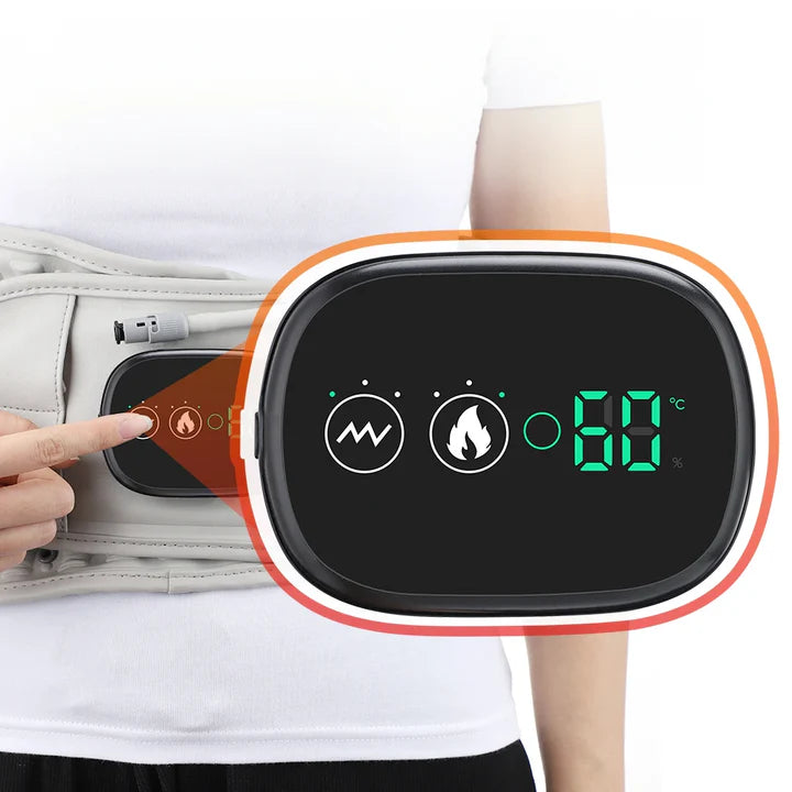 Gros plan sur l'écran et les boutons de commande de la ceinture chauffante et massante ThermoVentre™, affichant les modes et la température.
