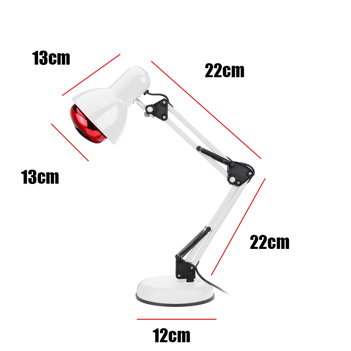 Schéma montrant les dimensions et les angles d'articulation de la lampe infrarouge thérapeutique TheraPulse™.