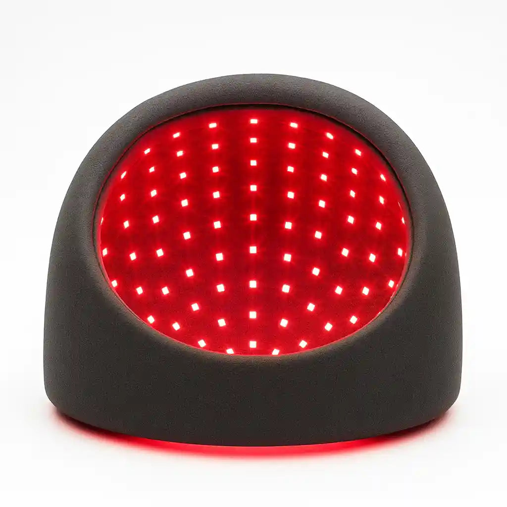 Casque de luminothérapie cheveux HairRevive Pro™ montrant la grille de LED à lumière rouge et infrarouge pour le traitement de la chute de cheveux.