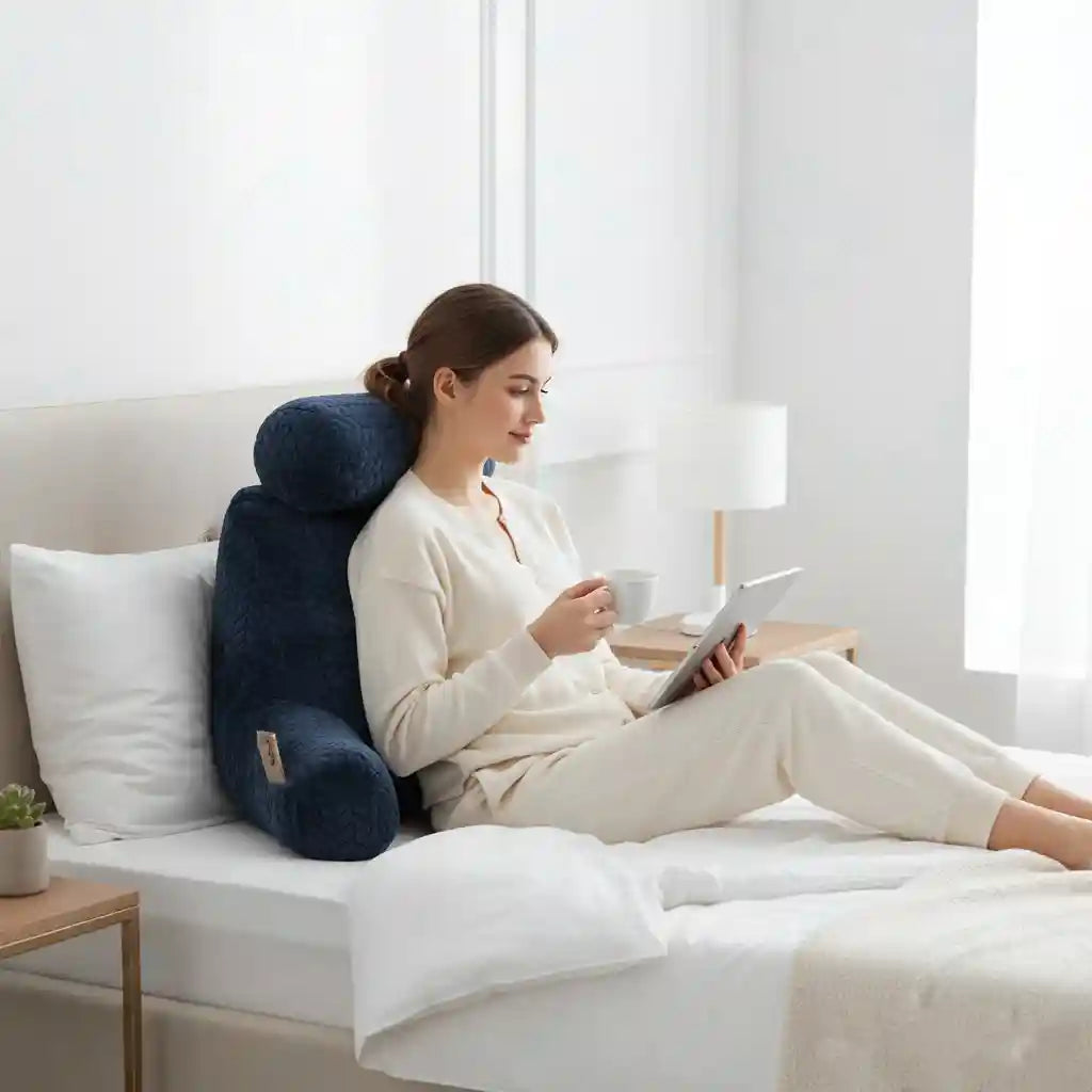 Femme confortablement installée dans son lit avec le coussin ReadingThrone™, profitant d'un soutien dorsal optimal pour sa lecture.