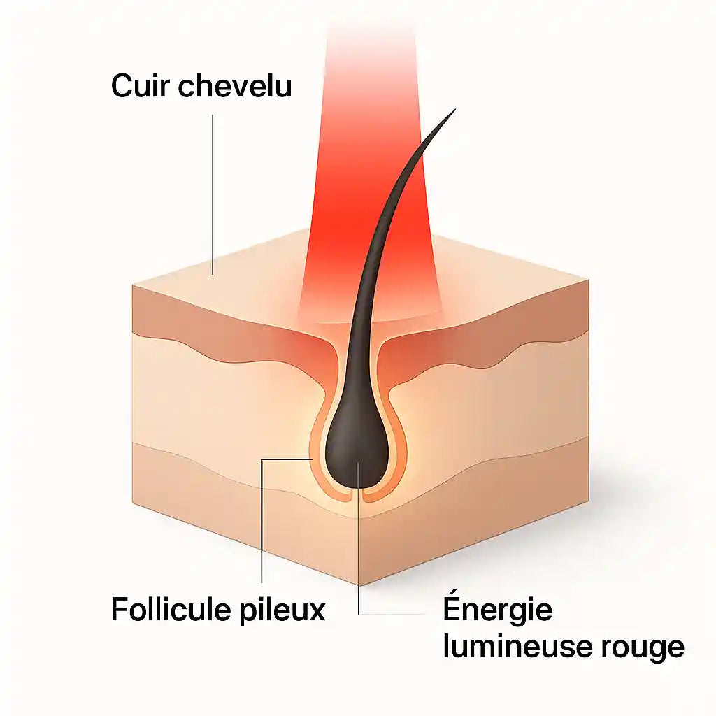 Schéma clinique montrant l'action de la lumière rouge sur le follicule pileux pour stimuler la repousse des cheveux.