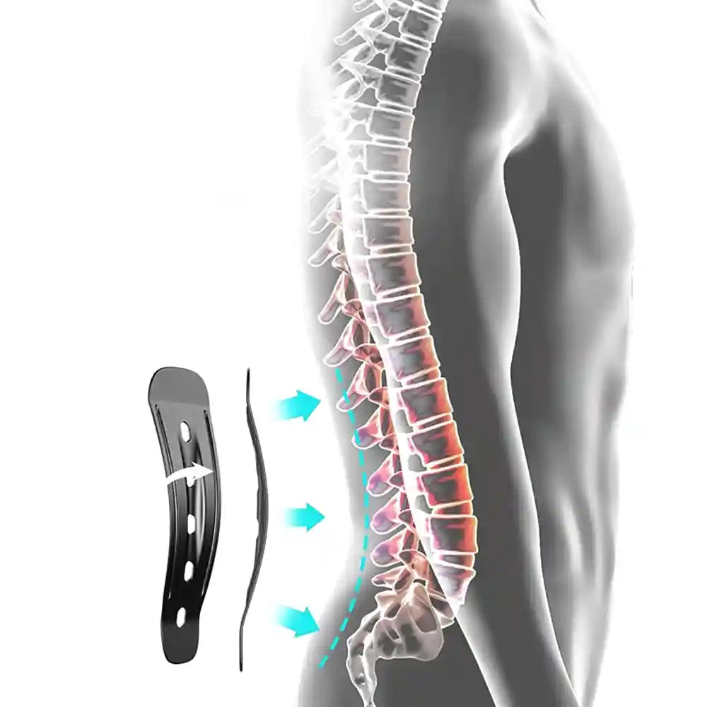 Schéma anatomique illustrant comment la ceinture SpineGuard Pro™ soutient la colonne vertébrale et soulage la pression sur les disques lombaires.