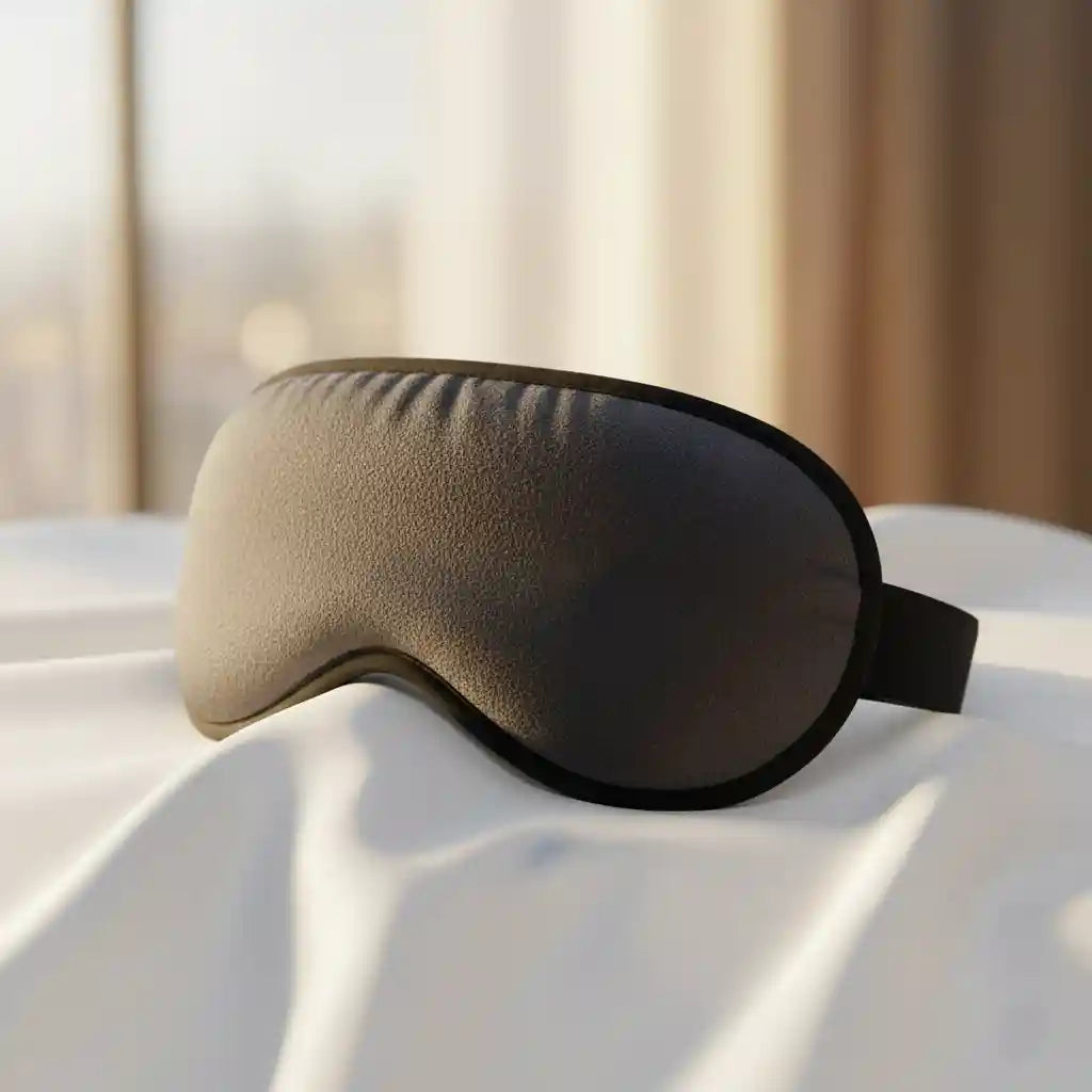 Le masque chauffant OcuCalm™ posé sur un drap blanc, soulignant sa douceur et sa texture de qualité.