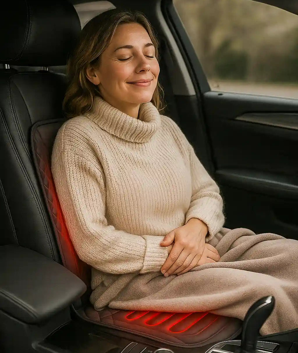 Femme profitant d'un trajet confortable et relaxant grâce à la chaleur apaisante du coussin de siège chauffant ThermoDrive installé dans sa voiture.