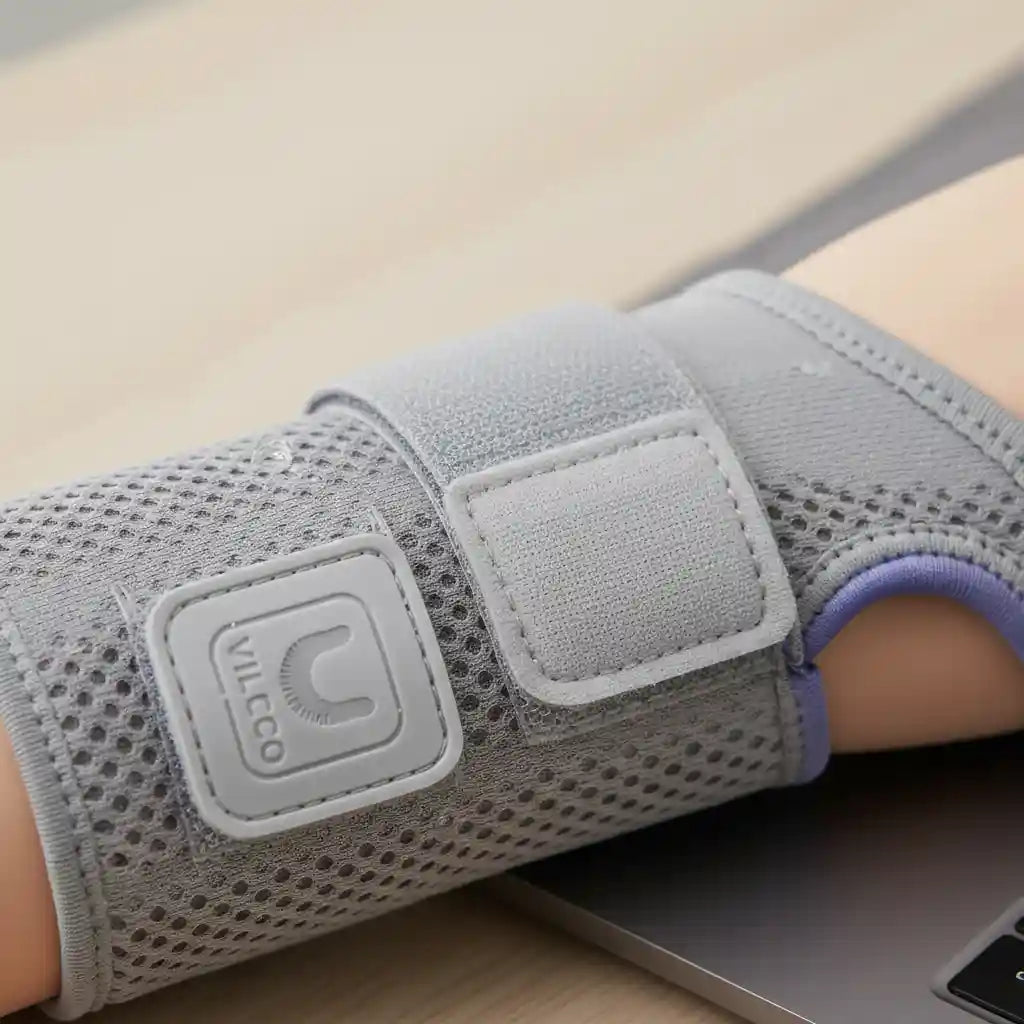 Vue rapprochée de l'attelle CarpaGuard™ posée sur un bureau, mettant en évidence la qualité des coutures et la finesse du design qui permet de la porter facilement au travail.