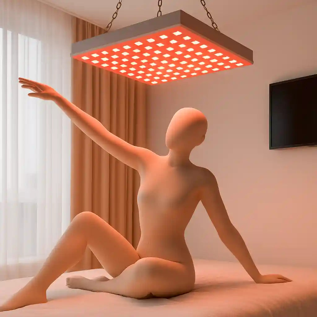 Personne se relaxant sur un lit sous la lumière bienfaisante du panneau de thérapie par lumière rouge DermaRegen™