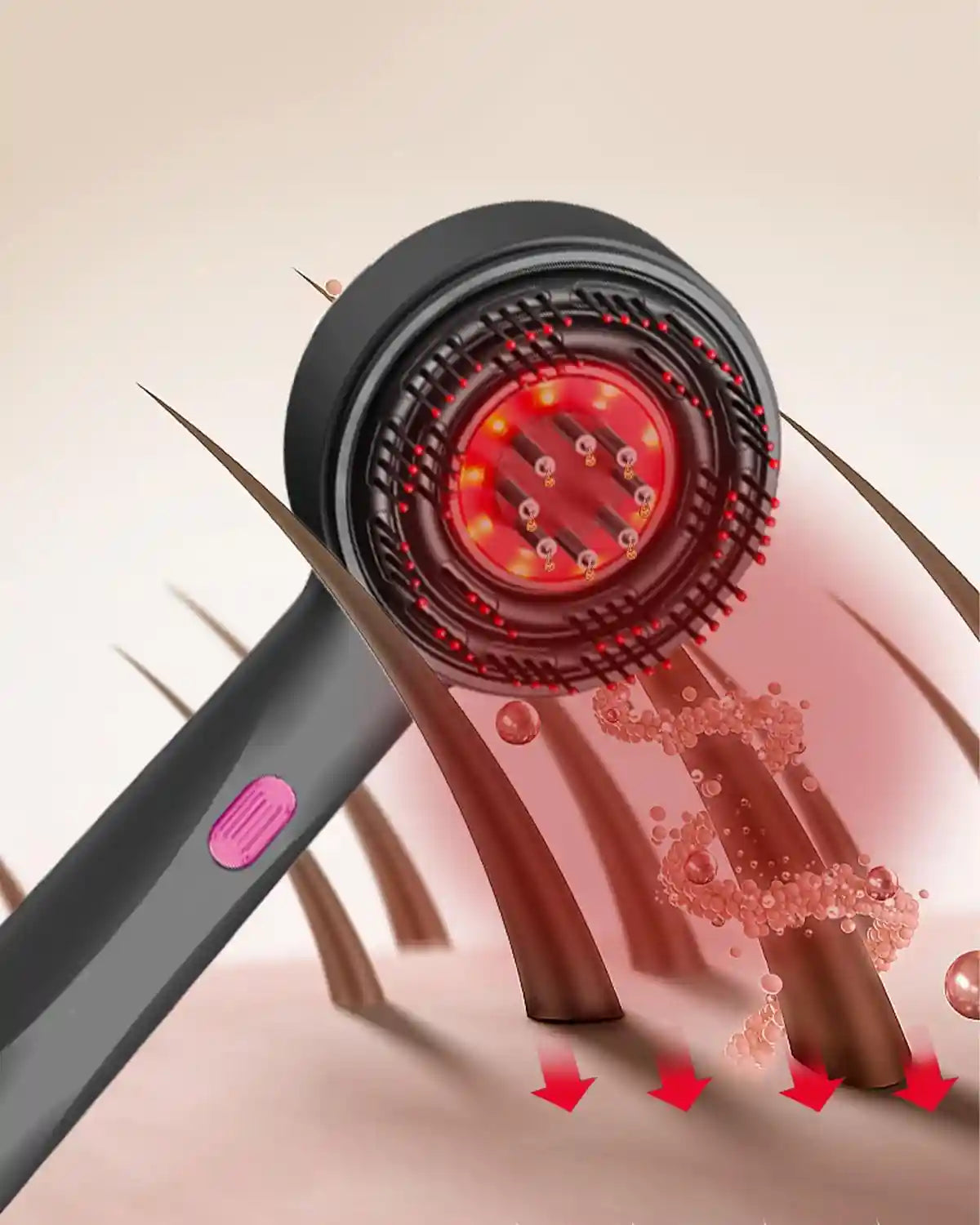 Schéma illustrant l'action de la lumière rouge de la brosse DermaScalp™ sur les follicules pileux du cuir chevelu.