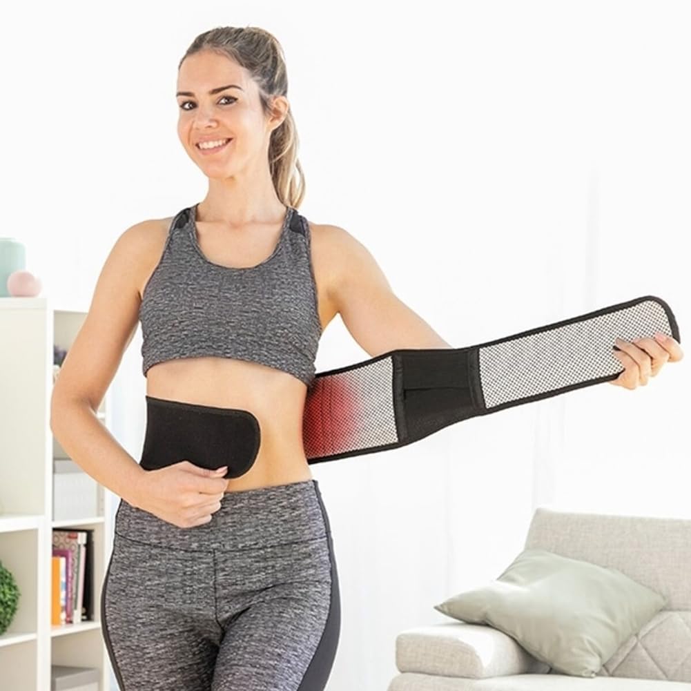 Démonstration de la ceinture ThermoBelt montrant la zone de chauffe à la tourmaline avant application sur le bas du dos.