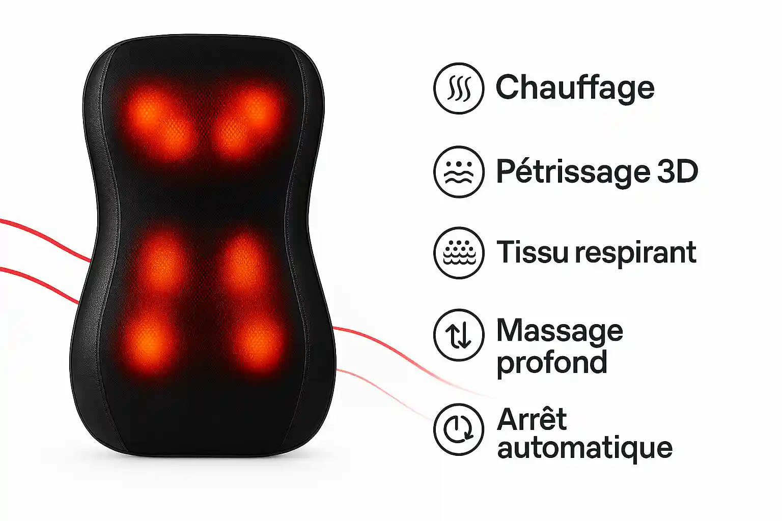 Infographie du masseur de dos TheraChair™ détaillant ses fonctionnalités : Chauffage, Pétrissage 3D, Tissu respirant, Massage profond et Arrêt automatique.