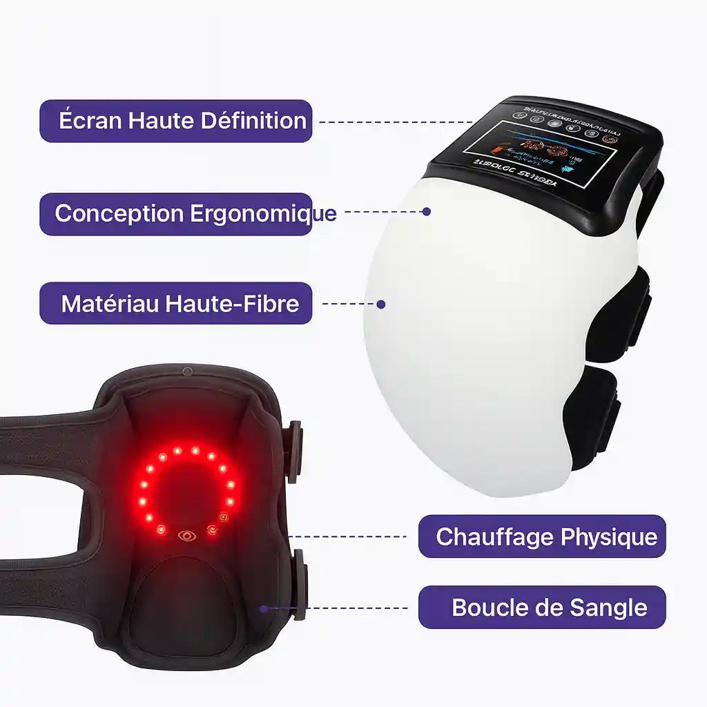 Schéma technique de la genouillère ArthroFlex Pro™ détaillant ses fonctionnalités : chaleur infrarouge, massage par vibration, pression d'air 4D, et sangles ajustables.