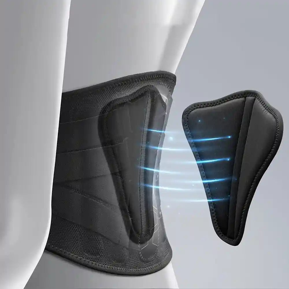 Gros plan sur le pad lombaire amovible de la ceinture SpineGuard Pro™, conçu pour une thérapie et un confort personnalisés.