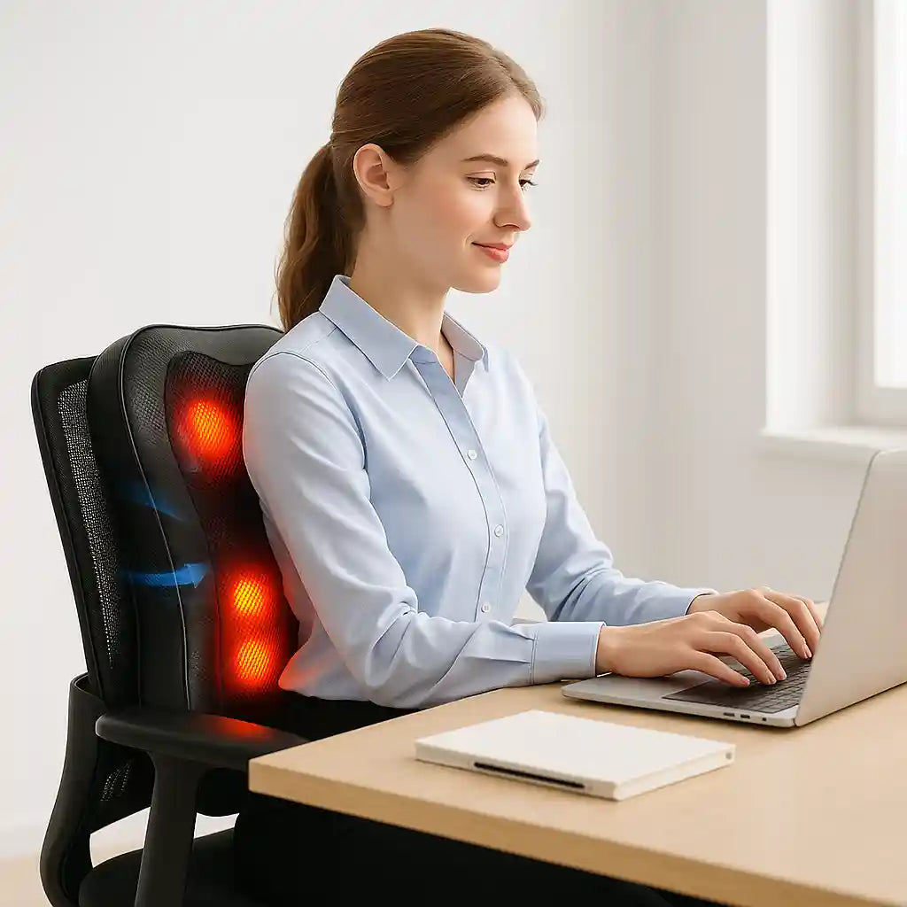 Femme utilisant le siège de massage Shiatsu TheraChair™ sur sa chaise de bureau pour soulager les tensions dorsales pendant le travail.