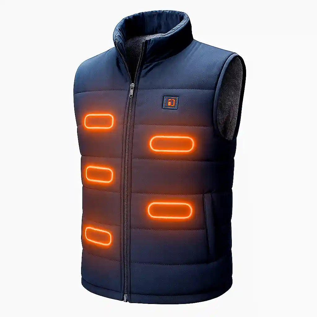 Gilet chauffant USB bleu montrant l'emplacement des 9 zones de chauffe stratégiquement placées sur le torse et le dos.