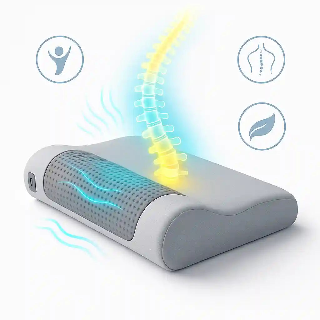 Infographie des bénéfices de l'appareil CerviTraction™ : traction douce, chaleur apaisante et massage vibrant pour les douleurs cervicales.