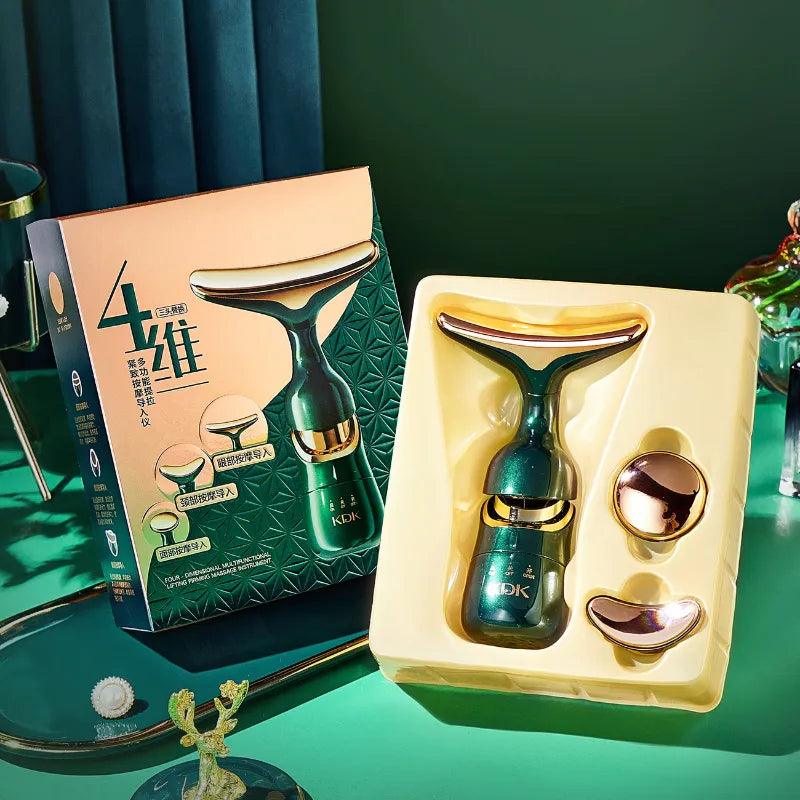 Le coffret de l'appareil lifting visage DermaLift™ incluant l'appareil et ses têtes de massage interchangeables.