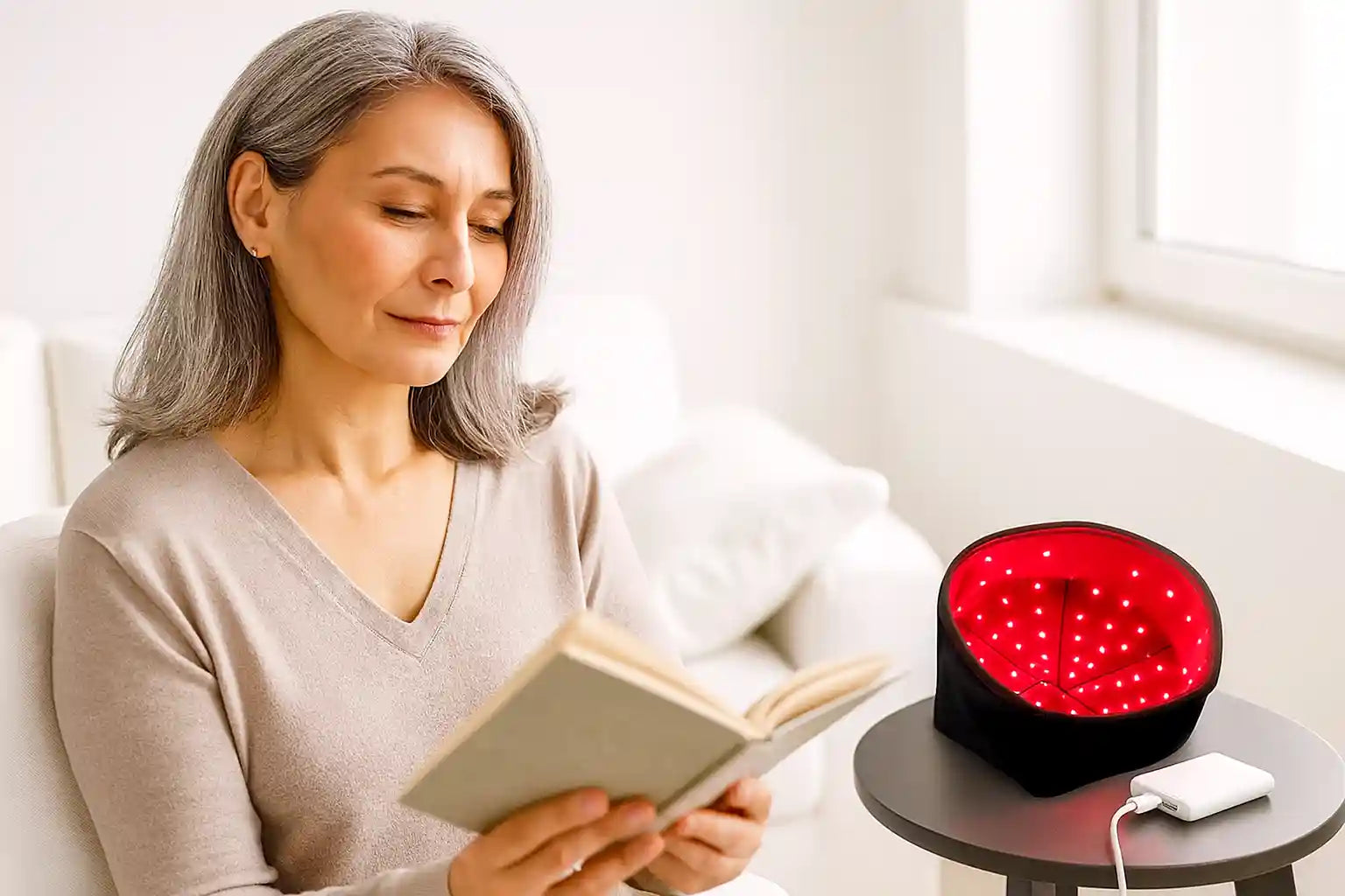 Femme utilisant le casque de luminothérapie HairRevive Pro™ à domicile, illustrant un traitement simple et relaxant contre la perte de cheveux.