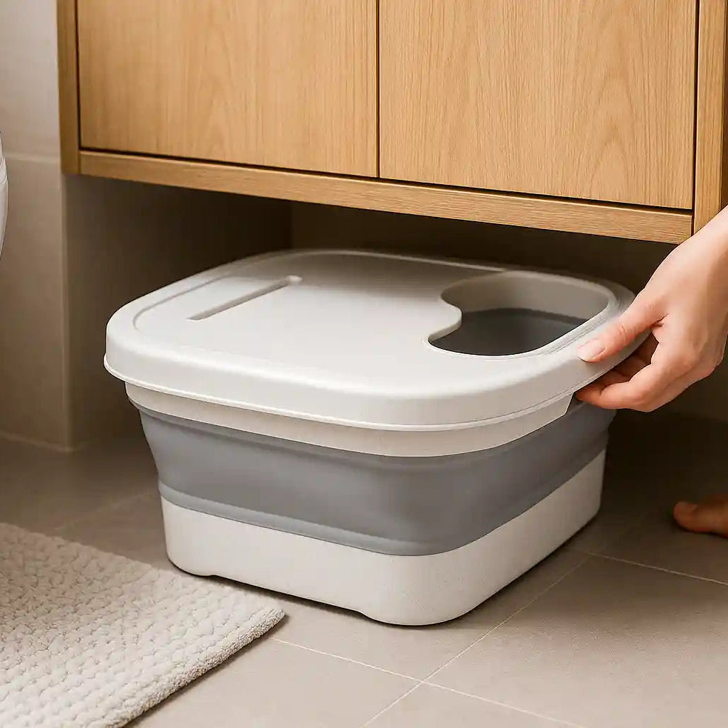 Le Bain de Pieds Pliable AquaRetreat™ rangé discrètement sous un meuble de salle de bain, illustrant sa facilité de rangement et son gain de place.