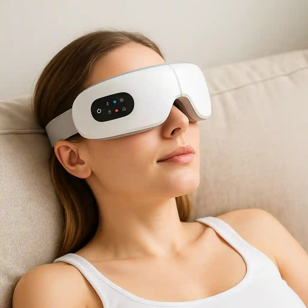 Femme se relaxant profondément en utilisant le masseur oculaire AuraPress™ pour un soulagement immédiat de la fatigue oculaire et des maux de tête.