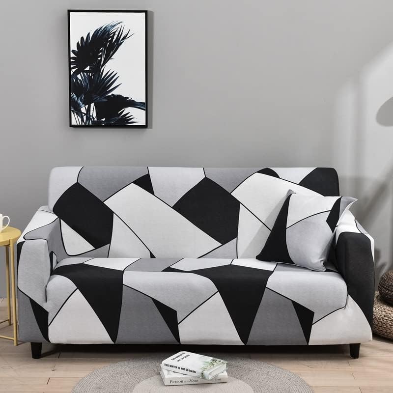 Housse de Canapé d'Angle Extensible Motif Géométrique Noir et Blanc