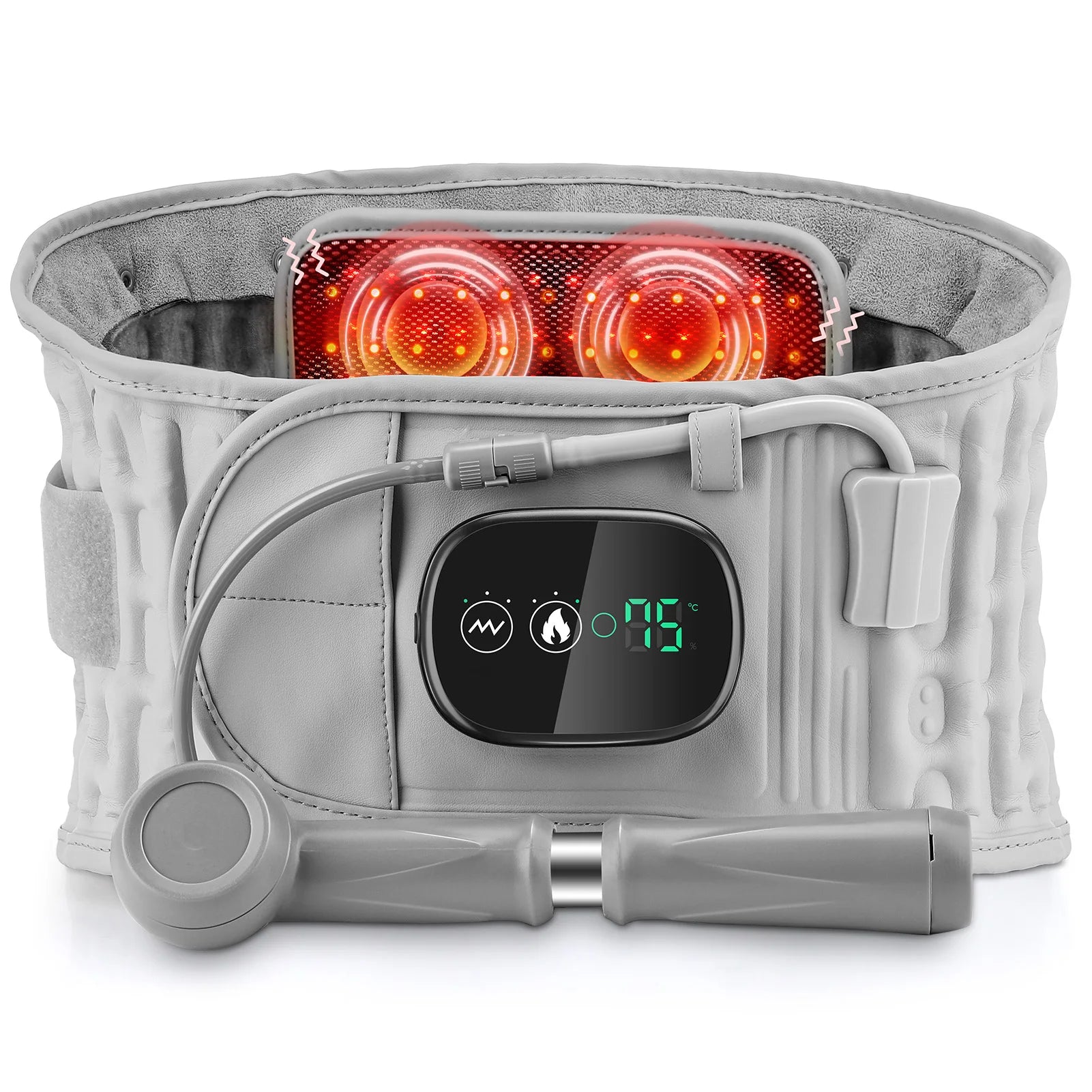 La ceinture abdominale chauffante et massante ThermoVentre™ avec son pack thérapeutique amovible et sa pompe à air pour un ajustement compressif.
