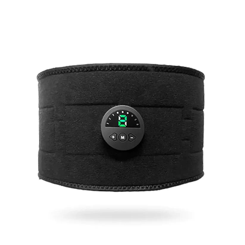 La ceinture d'électrostimulation et chauffante NeuroFlex™ avec son boîtier de contrôle digital affichant les modes et l'intensité.