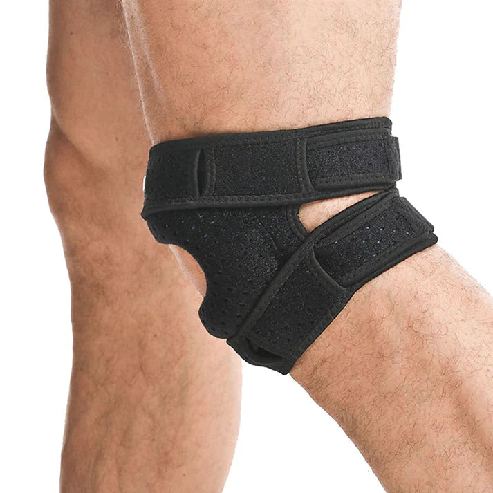 Vue de la genouillère rotulienne ArthroGuard™ portée, montrant son design ouvert et ses sangles ajustables pour un confort sans gêne.