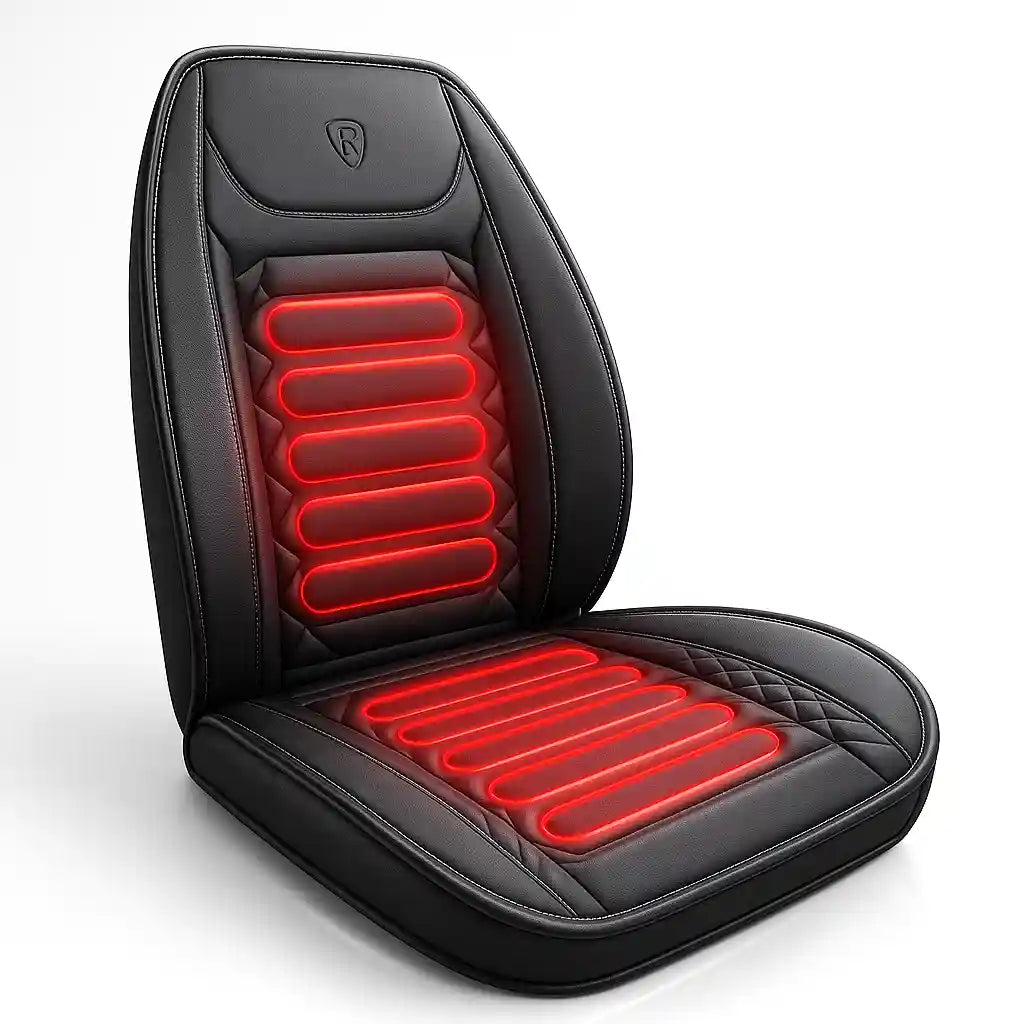 Coussin de siège chauffant ThermoDrive en simili-cuir noir de qualité supérieure, avec zones de chauffe thérapeutique rouges apparentes, sur fond neutre.
