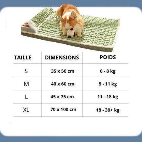 Tableau des tailles du coussin indestructible pour chien, disponible en plusieurs formats.