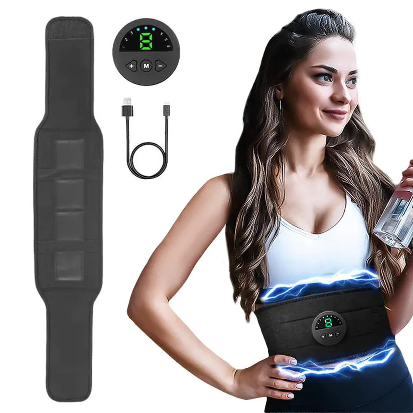 Le kit complet de la ceinture NeuroFlex™ incluant la ceinture, le contrôleur EMS détachable et le câble de chargement USB.