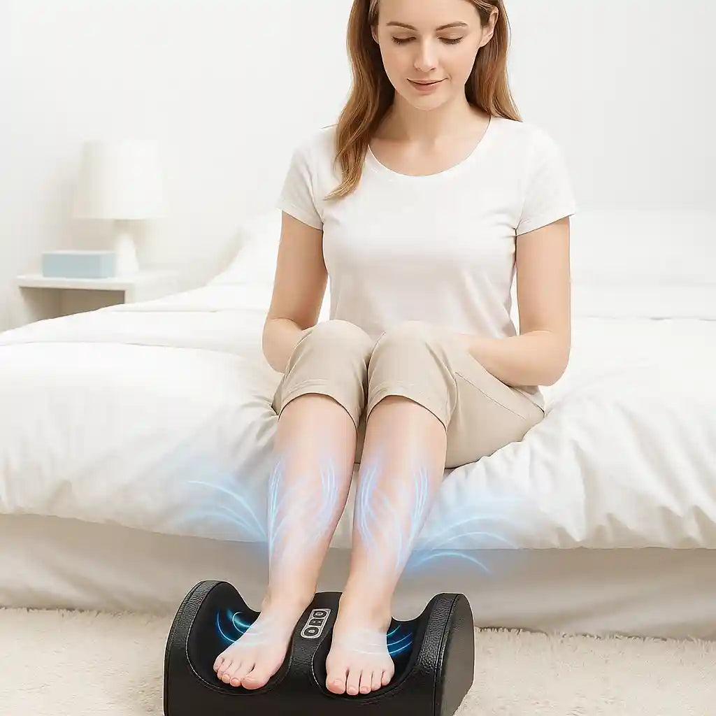 Femme utilisant le masseur de pieds Shiatsu FootRelief Pro™ pour soulager la fatigue et la douleur plantaire, avec illustration du massage.