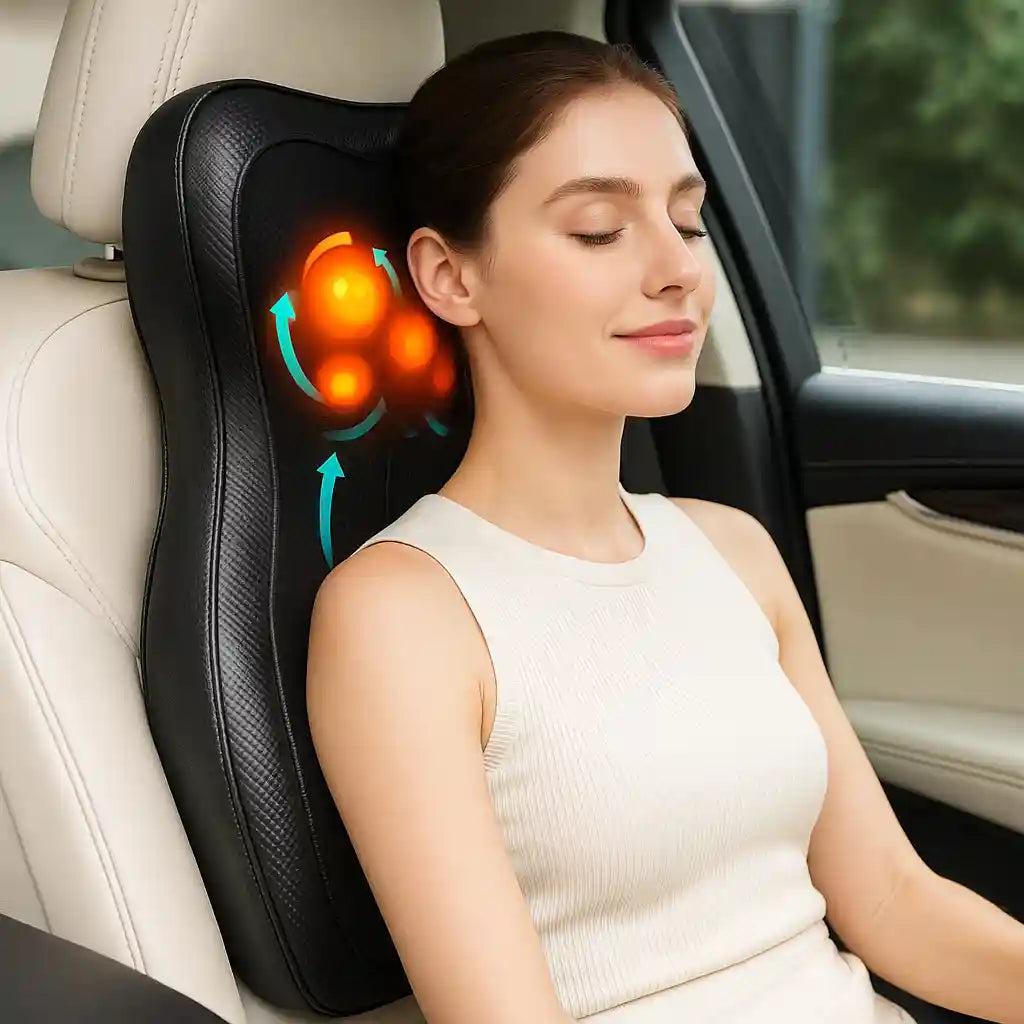 Femme se relaxant dans sa voiture grâce au siège de massage TheraChair™, avec les têtes de massage actives sur sa nuque.