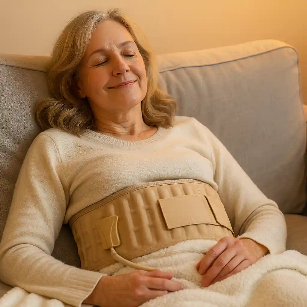 Femme se relaxant en portant la ceinture de décompression SpineDecompress™ pour soulager la douleur d'une hernie discale.