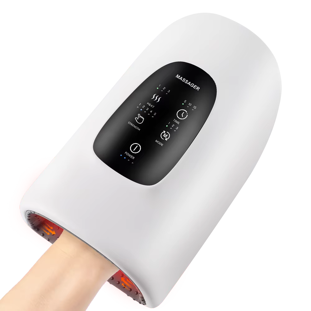 Le masseur de main électrique ManoZen™ avec son panneau de contrôle tactile. Une main est insérée à l'intérieur, bénéficiant d'un massage par compression et chaleur douce.