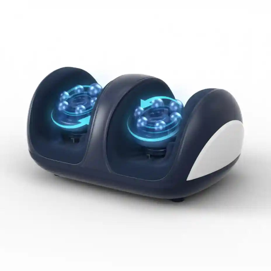 Appareil de massage pour pieds FootRelief Pro™ avec ses têtes de massage Shiatsu rotatives et lumineuses.