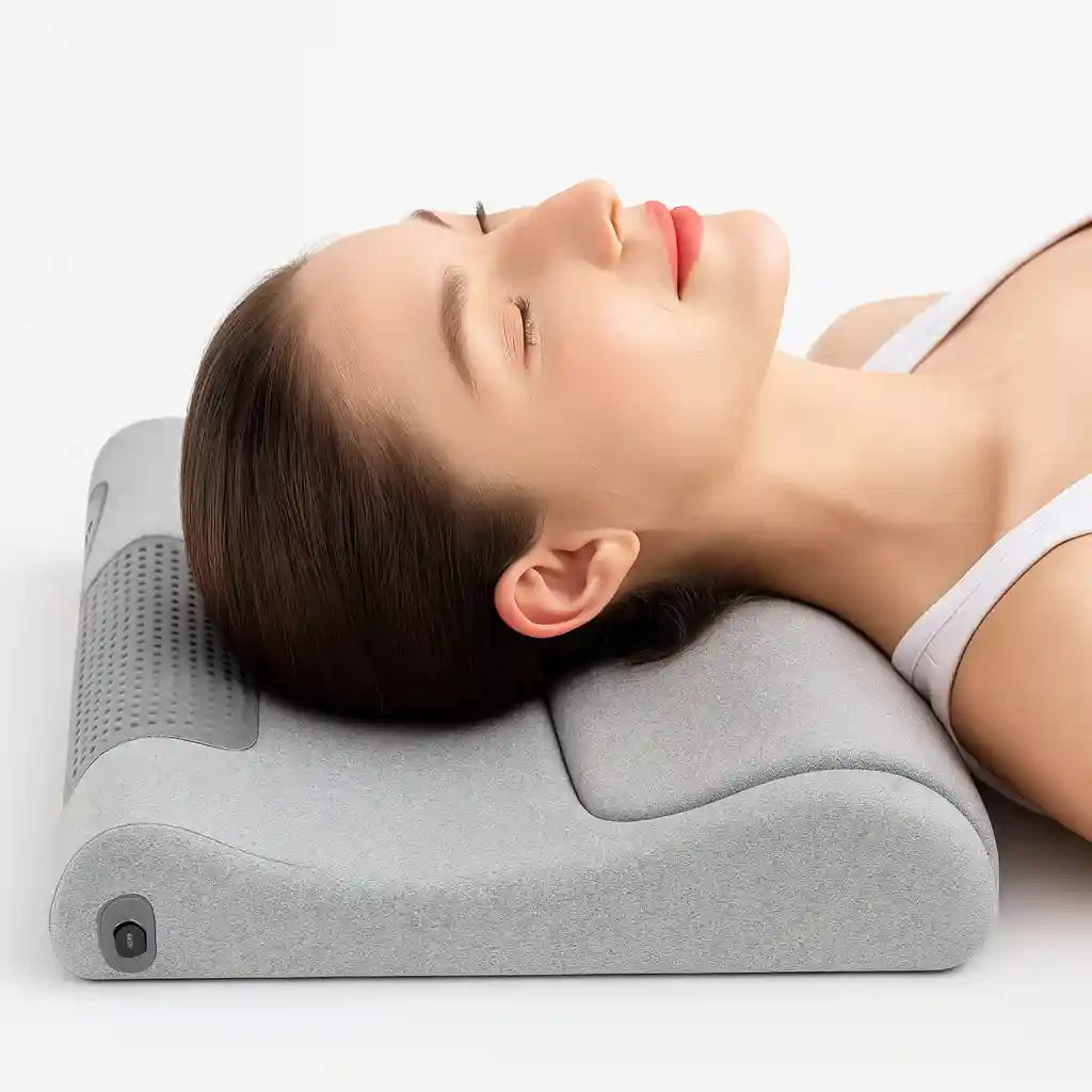 Femme utilisant l'appareil de traction cervicale CerviTraction™ pour une séance de relaxation et de soulagement des tensions du cou.
