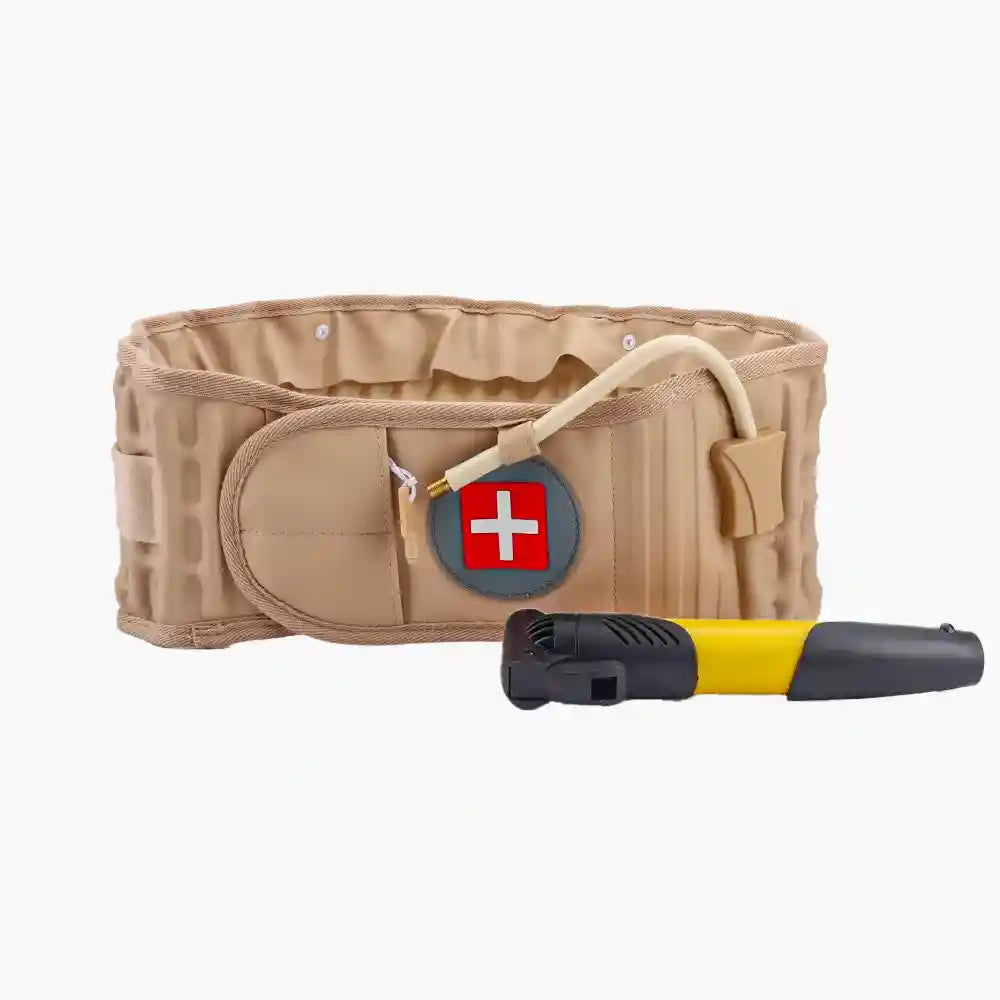 Ceinture de décompression lombaire SpineDecompress™ avec sa pompe manuelle, conçue pour la traction vertébrale à domicile.