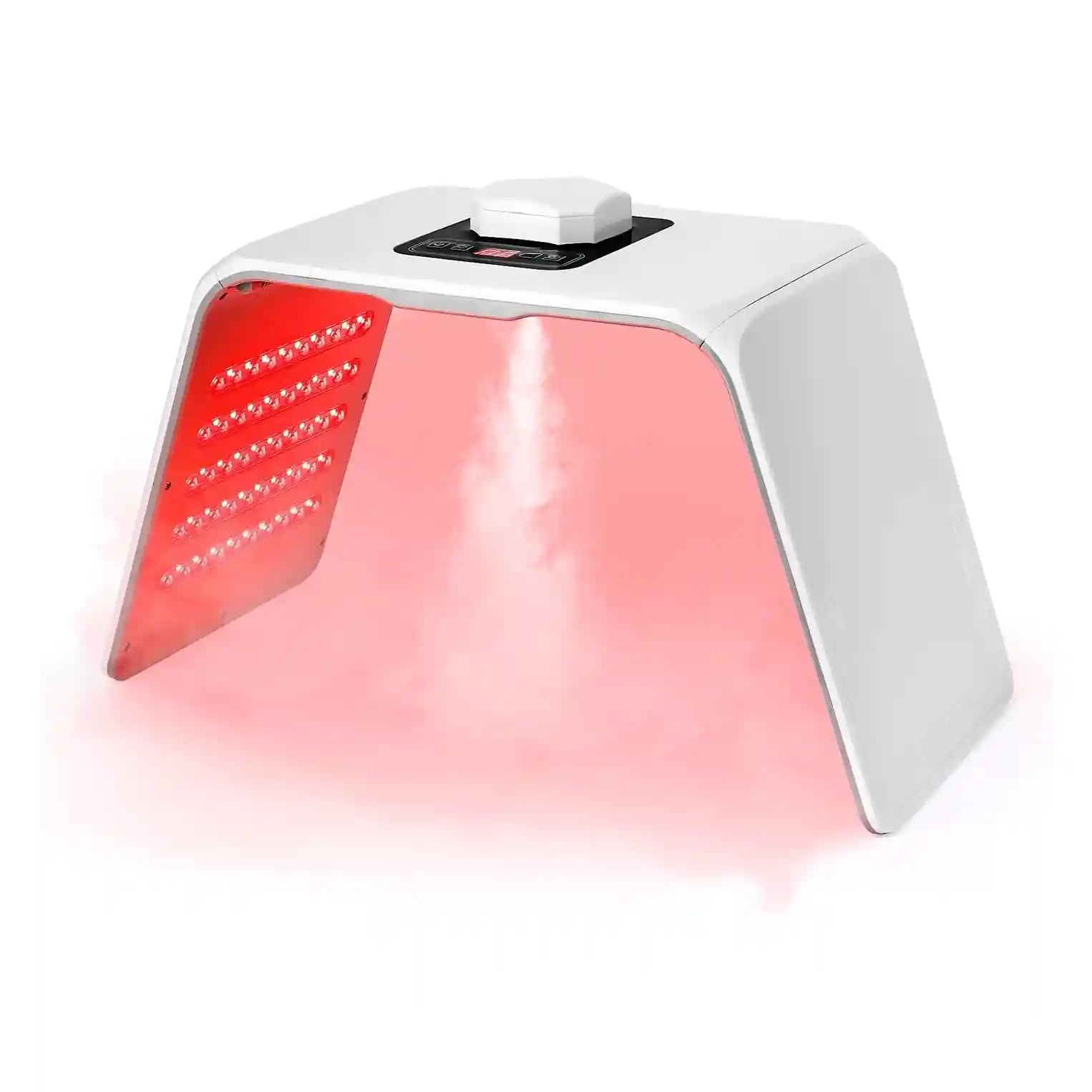 Le dôme de photothérapie Dermalight Pro™ en action, diffusant une lumière LED rouge et une nano-brume hydratante sur un visage.