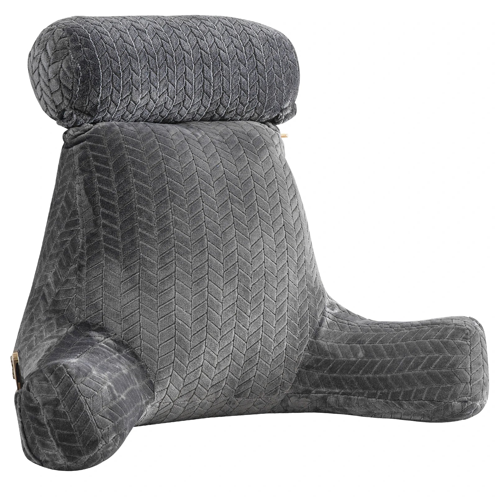 Coussin de lecture ergonomique ReadingThrone™ gris foncé avec son appui-tête amovible et son revêtement en velours texturé.
