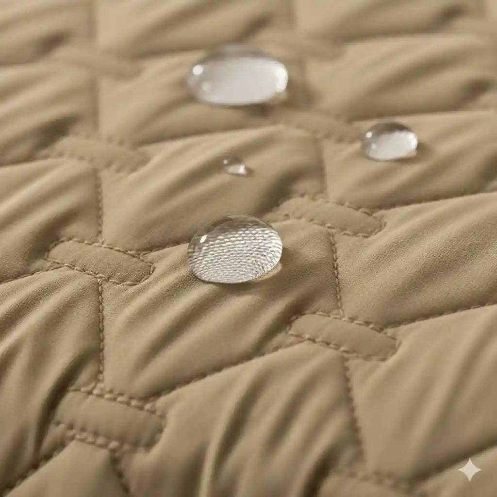 Gros plan sur le tissu technique du protecteur Le Gardien™, où des gouttes d'eau restent en surface sans pénétrer, démontrant son imperméabilité totale.