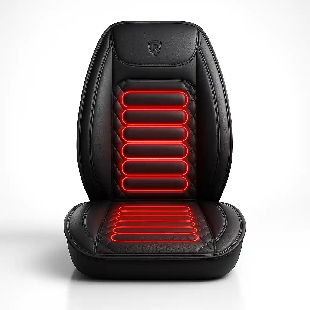 Vue frontale du coussin chauffant pour voiture ThermoDrive, mettant en évidence la disposition des filaments pour un soulagement ciblé du dos et de l'assise.