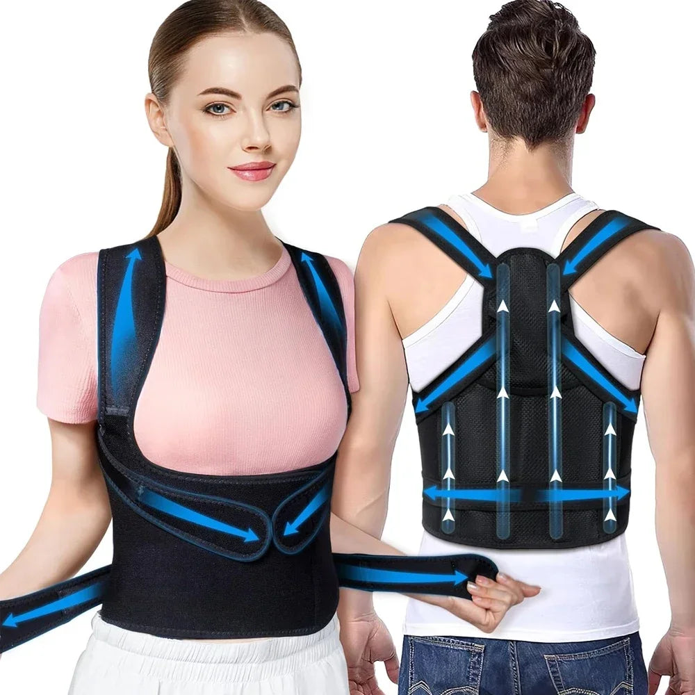 Vue de face et de dos du correcteur de posture AlignPro Max™ porté, illustrant son ajustement personnalisé et son soutien complet.