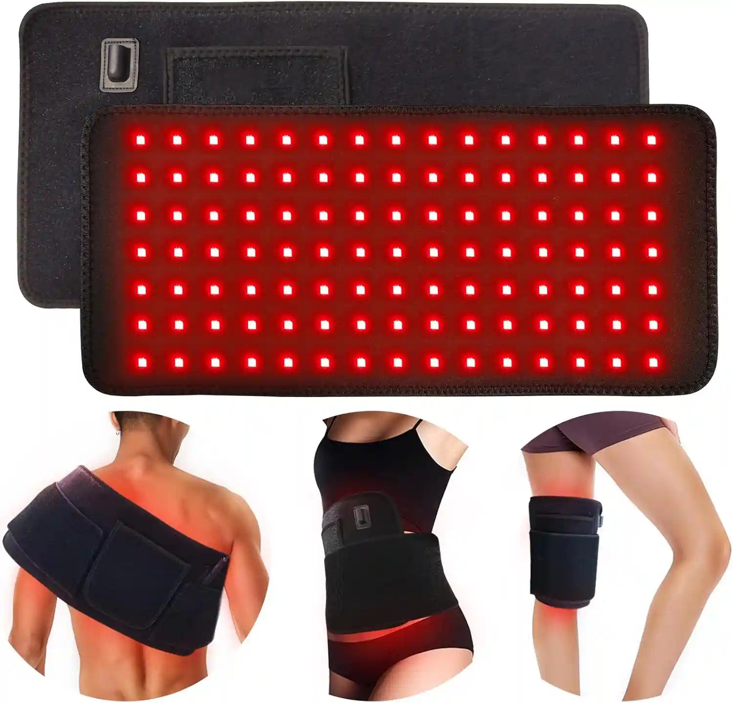 Exemples d'application de la ceinture de luminothérapie PhotoThera™ sur le dos, l'abdomen et le genou pour un soulagement ciblé de l'inflammation.