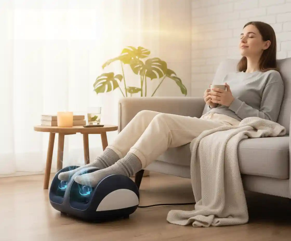 Femme se détendant sur un canapé, les pieds dans le masseur Shiatsu FootRelief Pro™ pour un moment de bien-être à domicile.