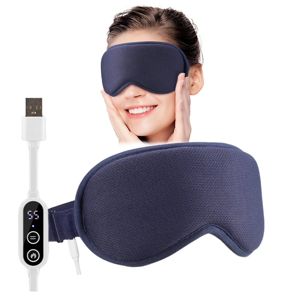 Masque de sommeil chauffant et vibrant AuraMask Air™ bleu marine avec son contrôleur USB, conçu pour la relaxation oculaire.