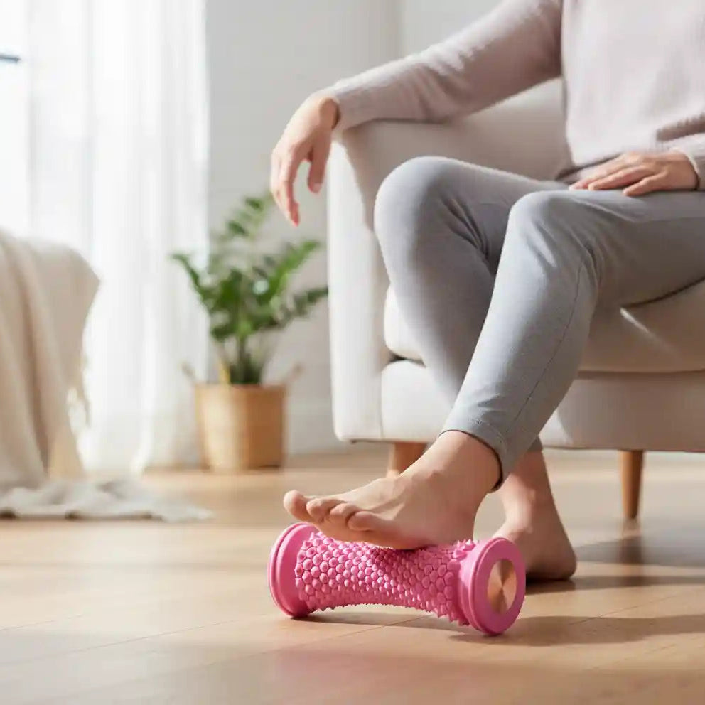 Femme assise utilisant le rouleau de massage plantaire AcuRoller™ rose pour soulager la fatigue de ses pieds.