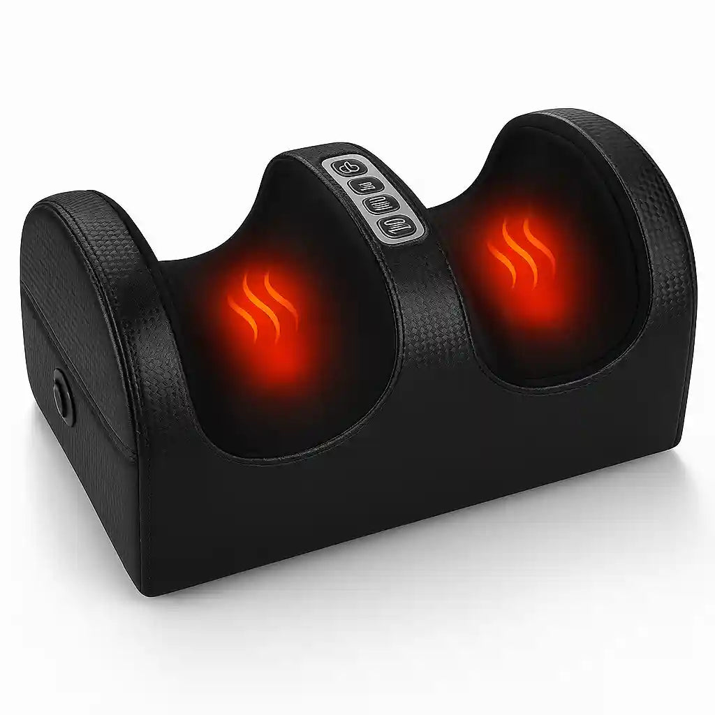 Masseur de pieds Shiatsu chauffant FootRelief Pro™ noir, montrant les têtes de massage rotatives avec fonction chaleur pour un soulagement profond.