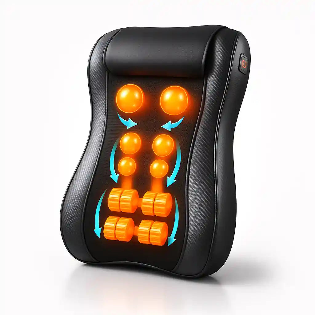 Siège de massage Shiatsu complet TheraChair™ montrant les têtes de massage rotatives pour la nuque, le dos et les lombaires, avec fonction chauffante.